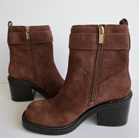 Vince Camuto Bembonie Suede Stacked Heel Bootie Buckle Ankle Boot | Sz 8, Brown - Picture 6 of 9